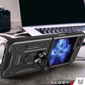 Hülle für Samsung Galaxy Z Flip 5 Armored Ring Case Anti-Shock Camshield Stand Alogy schwarz