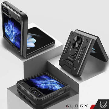 Hülle für Samsung Galaxy Z Flip 5 Armored Ring Case Anti-Shock Camshield Stand Alogy schwarz