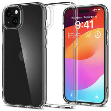 Hülle für iPhone 15 Plus Spigen Ultra Hybrid Case, transparente Rückseite, kristallklares Glas