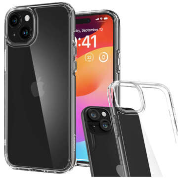 Hülle für iPhone 15 Plus Spigen Ultra Hybrid Case, transparente Rückseite, kristallklares Glas