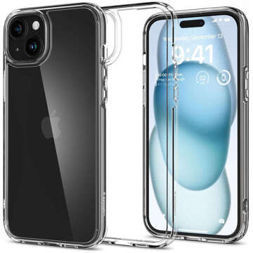 Hülle für iPhone 15 Plus Spigen Ultra Hybrid Case, transparente Rückseite, kristallklares Glas