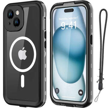 Hülle für iPhone 15 Plus wasserdicht Mag Safe Case gepanzertes wasserdichtes Gehäuse schwarz und grau