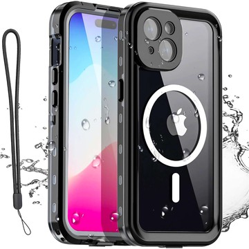 Hülle für iPhone 15 Plus wasserdicht Mag Safe Case gepanzertes wasserdichtes Gehäuse schwarz und grau