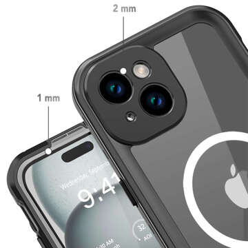 Hülle für iPhone 15 Plus wasserdicht Mag Safe Case gepanzertes wasserdichtes Gehäuse schwarz und grau