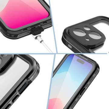 Hülle für iPhone 15 Plus wasserdicht Mag Safe Case gepanzertes wasserdichtes Gehäuse schwarz und grau