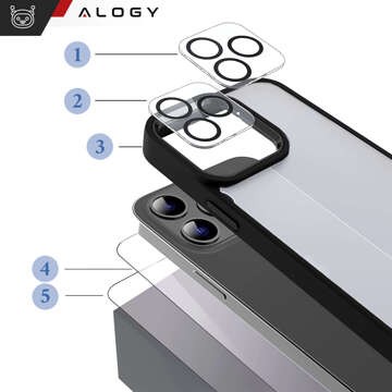 Hülle für iPhone 15 Pro Max Gehäuse Case 2x Bildschirmglas und 2x Linse gepanzert Alogy 360 Hybrid Set 5in1 schwarz und transparent