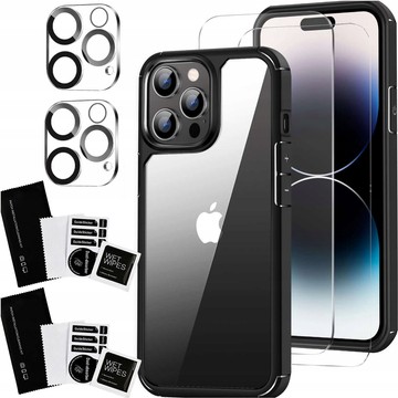 Hülle für iPhone 15 Pro Max Gehäuse Case 2x Bildschirmglas und 2x Linse gepanzert Alogy 360 Hybrid Set 5in1 schwarz und transparent