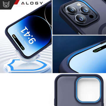 Hülle für iPhone 15 Pro Max MagSafe Matt Case Cover mattiert Alogy Ring gepanzerte Handyhülle Marineblaues Glas