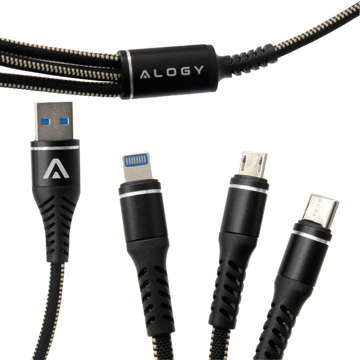 Kabel Alogy Nylon 3w1 USB-C Typ C Lightning Micro USB 5A Schwarz