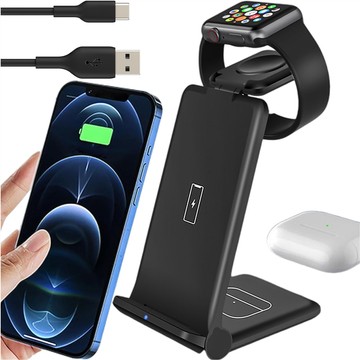 Kabelloses induktives Ladegerät 3in1 Qi 15W für iPhone, Apple Watch, AirPods-Ladestation, Alogy-Ständer, schwarz