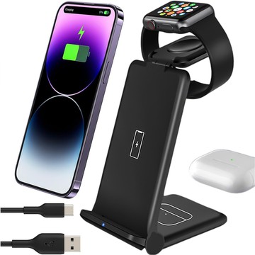 Kabelloses induktives Ladegerät 3in1 Qi 15W für iPhone, Apple Watch, AirPods-Ladestation, Alogy-Ständer, schwarz