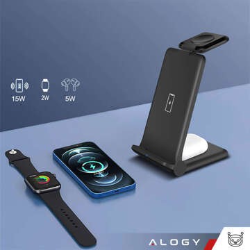 Kabelloses induktives Ladegerät 3in1 Qi 15W für iPhone, Apple Watch, AirPods-Ladestation, Alogy-Ständer, schwarz