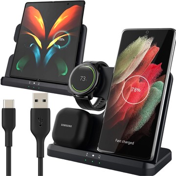 Kabelloses induktives Ladegerät 3in1 Qi 3.0 Fast für Samsung S22 S23 S24 Galaxy Watch Buds Station schwarz