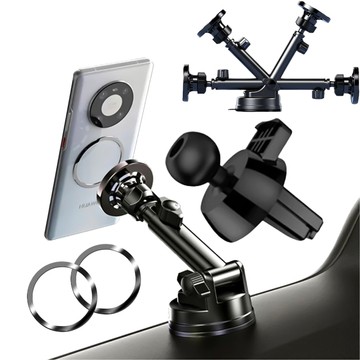 Magnetische Autohalterung für Telefon, Fenster, Kühlergrill, Cockpit, Armaturenbrett, 3in1, teleskopisch, schwarz