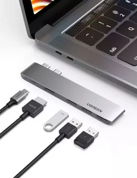 Multifunktionaler HUB UGREEN 2x USB Type C auf USB Type C PD (Thunderbolt 3, 100W, 4K@60 Hz, 10 Gbps) / HDMI 4K@30 Hz / 3x USB 3.0 für MacBook Pro / Air Grey (60559)