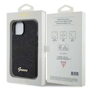 Original GUESS Hardcase GUHCP15SPMSDGSK Hülle für iPhone 15 (Disco Script Metal / Schwarz)