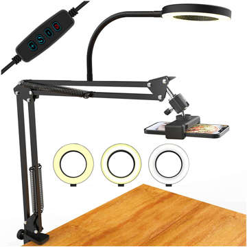 Ring LED Alogy Zeichenlampe mit flexiblem Arm und Schreibtischständer, Telefonhalter, Schwarz