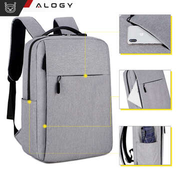 Rucksack Laptoptasche 15,6" groß wasserdicht mit USB-Anschluss Unisex 41x29x12cm für Flugzeug Alogy Rucksack Grau