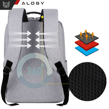 Rucksack Laptoptasche 15,6" groß wasserdicht mit USB-Anschluss Unisex 41x29x12cm für Flugzeug Alogy Rucksack Grau