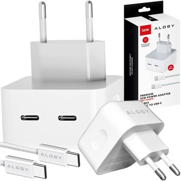 Schnelles 35-W-Wandladegerät 2x USB-C USB Typ C PD für iPhone Typ-C-Kabel 1 m Alogy White