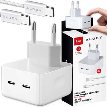 Schnelles 35-W-Wandladegerät 2x USB-C USB Typ C PD für iPhone Typ-C-Kabel 1 m Alogy White