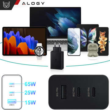 Schnelles 65-W-Wandladegerät 2x USB-C Typ C PD USB-A USB Alogy 3 Ports stark Schwarz