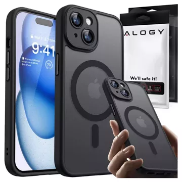 Schutzhülle aus gehärtetem Glas für Apple iPhone 15 Plus, Alogy MagSafe Hybrid Matte Case, matte Abdeckung mit Linsenschutz, Schwarz