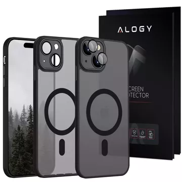 Schutzhülle aus gehärtetem Glas für Apple iPhone 15 Plus, Alogy MagSafe Hybrid Matte Case, matte Abdeckung mit Linsenschutz, Schwarz