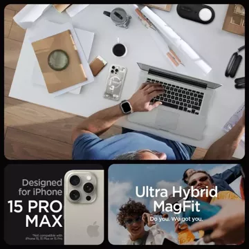 Spigen Ultra Hybrid Mag Safe Hülle für Apple iPhone 15 Pro Max Zero One Natürliches Titan