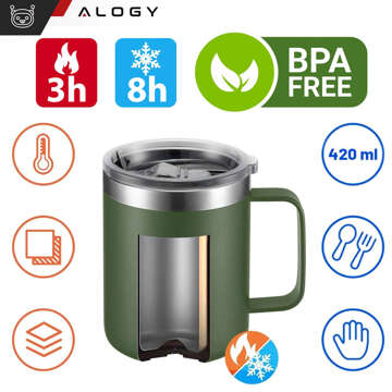 Thermobecher 420 ml mit Griffdeckel für Kaffee, Tee, Stahl, kalte und heiße Getränke Alogy Green Waschbürste