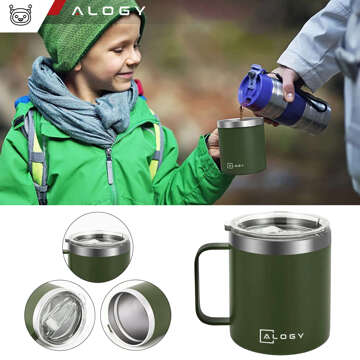 Thermobecher 420 ml mit Griffdeckel für Kaffee, Tee, Stahl, kalte und heiße Getränke Alogy Green Waschbürste