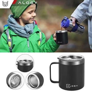 Thermobecher-Set mit 2 Tassen. Thermobecher 420 ml mit Griffdeckel für Kaffee, Tee, Stahl, Alogy Black