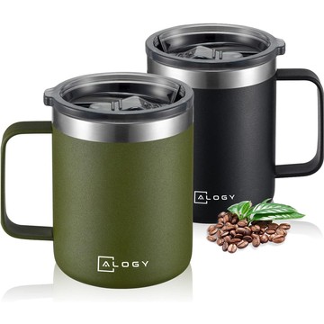 Thermobecher-Set mit 2 Tassen Thermobecher 420 ml mit Griffdeckel für Kaffee Tee Stahl Alogy Schwarz Grün