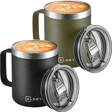 Thermobecher-Set mit 2 Tassen Thermobecher 420 ml mit Griffdeckel für Kaffee Tee Stahl Alogy Schwarz Grün