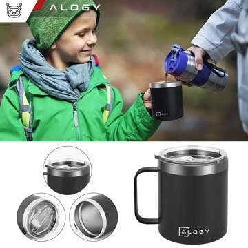 Thermobecher-Set mit 2 Tassen Thermobecher 420 ml mit Griffdeckel für Kaffee Tee Stahl Alogy Schwarz Grün