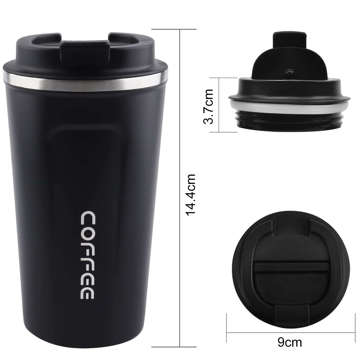 Thermobecher Thermoskanne mit 380 ml Fassungsvermögen für Kaffee, Tee, kalte Getränke, warme Stahlwasserflasche THM2 Techsuit Edelstahl schwarz