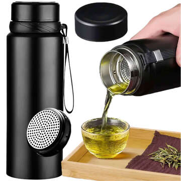 Thermosflasche, Thermoflasche, 1 l, für Kaffee, Yerba Mate-Tee mit Teesieb, großes Sieb, Alogy-Stahl, schwarz, Waschbürste