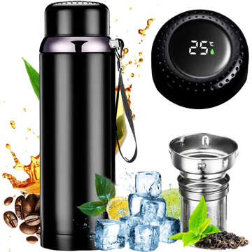 Thermosflasche, Thermowasserflasche, 800 ml, für Kaffee, Tee, Yerba Mate, LED-Siebschnur, Alogy-Display, Schwarz, Waschbürste