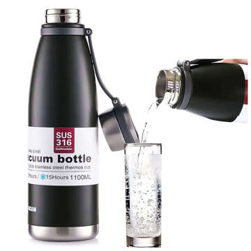 Thermosflasche aus Stahl, große Flasche 1,1 l, für Getränke, Wasserflasche THM3, Edelstahl, schwarz