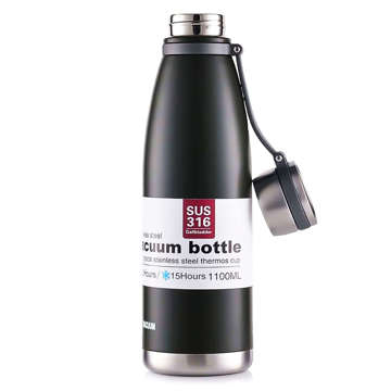 Thermoskanne, Stahl, geräumig, große 1,1l-Flasche für Getränke, Wasserflasche THM3 Edelstahl, schwarz, Waschbürste