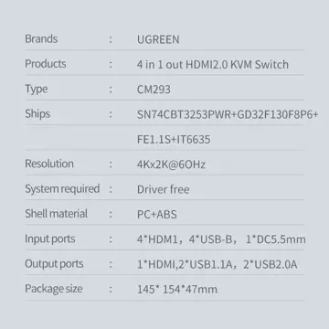 UGREEN KVM Switch (Keyboard Video Mouse) 4 x 1 HDMI (weiblich) 4 x USB (weiblich) 4 x USB Typ B (weiblich) schwarz (CM293)