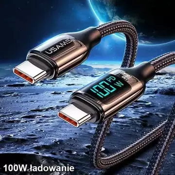 USAMS Geflochtenes Kabel U78 USB-C auf USB-C LED 3m 100W Fast schwarz/schwarz SJ559USB01 (US Charging-SJ559)