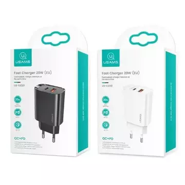 USAMS Wandladegerät 1x USB-C 1x USB T35 20W (nur Kopf) PD3.0 QC3.0 Fast Charging weiß/weiß CC121TC01 (US-CC121)