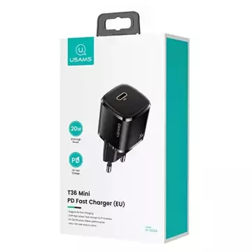 USAMS Wandladegerät 1x USB-C T36 mini 20W USB-C-Lightning Kabel schwarz/schwarz PD3.0 Fast Charging XFKXLOGTL01 (US-CC124 US-SJ484)