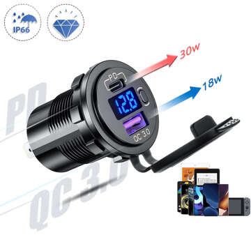 USB-Autoladegerät QC 3.0 USB-C Typ-C PD-Adapter Auto-Zigarettenanzünder-Buchse LED-Voltmeter 48 W schnell für Telefon Schwarz