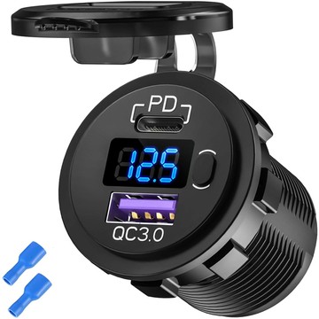 USB-Autoladegerät QC 3.0 USB-C Typ-C PD-Adapter Auto-Zigarettenanzünder-Buchse LED-Voltmeter 48 W schnell für Telefon Schwarz