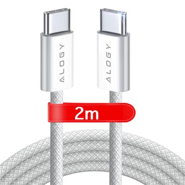 USB-C-Typ-C-Kabel, stark, schnell, PD, 2 m, für iPhone 15, Alogy-Nylonkabel, Weiß