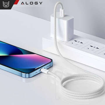 USB-C-Typ-C-Kabel, stark, schnell, PD, 2 m, für iPhone 15, Alogy-Nylonkabel, Weiß