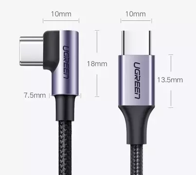 Ugrünes abgewinkeltes Kabel USB Type C - USB Type C Power Delivery 60 W 20 V 3 A 2 m schwarz-graues Kabel (US255 50125)