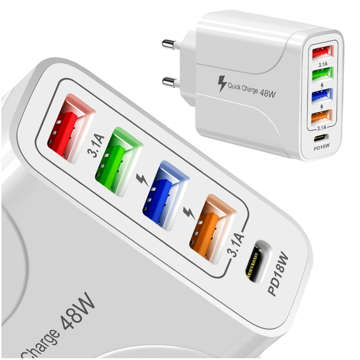 Wandladegerät 48W Schnellladegerät 4x USB 1x USB-C QC 3.0 Power Delivery PD 18W weiß